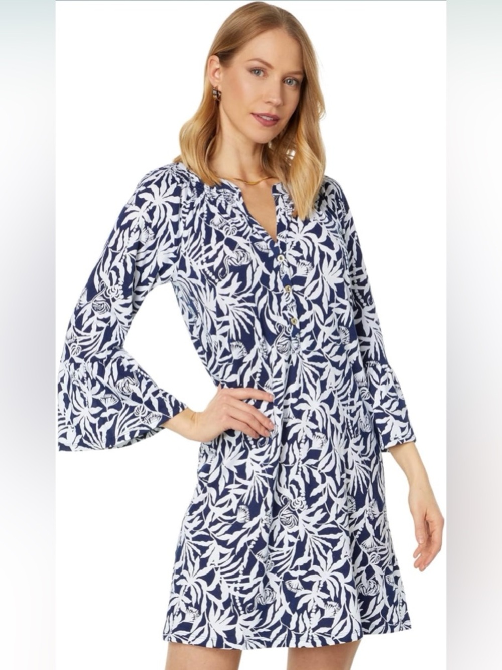 Lilly Pulitzer Norris‎ 3/4 Sleeve Dress in Low Tide Navy Flocking to Paradise L
